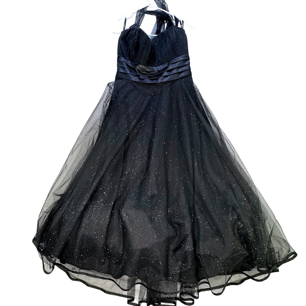VTG Y2K Speechless Formal Dress Juniors 7 Black Glitter Tulle Halter A-Line Prom